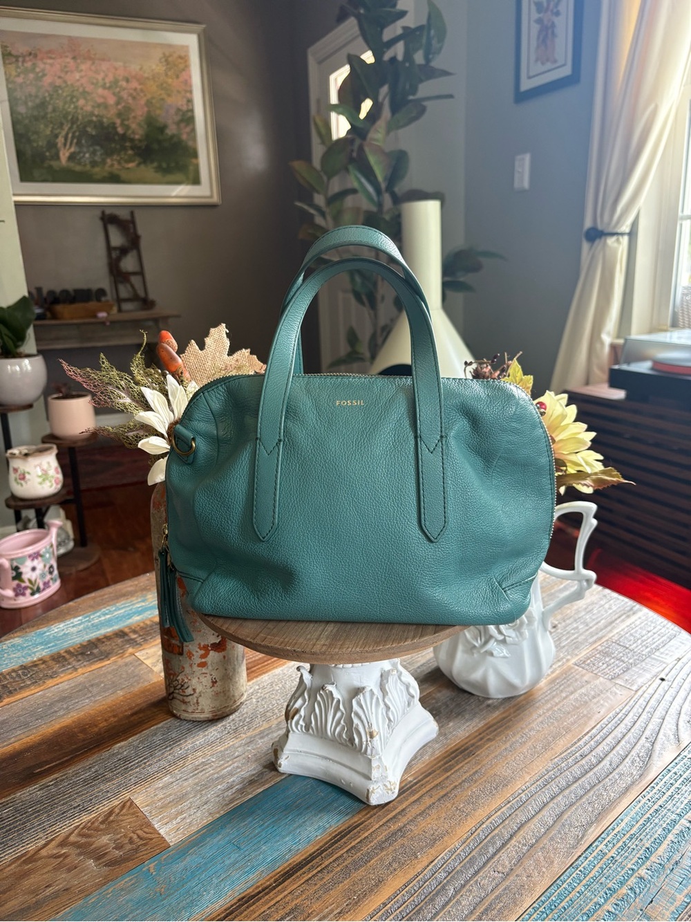 Fossil Teal Pebbled Leather Satchel Handbag Double Zip Shoulder Bag